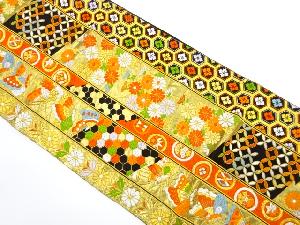 縞に古典柄・蝶・花模様織り出し　袋帯